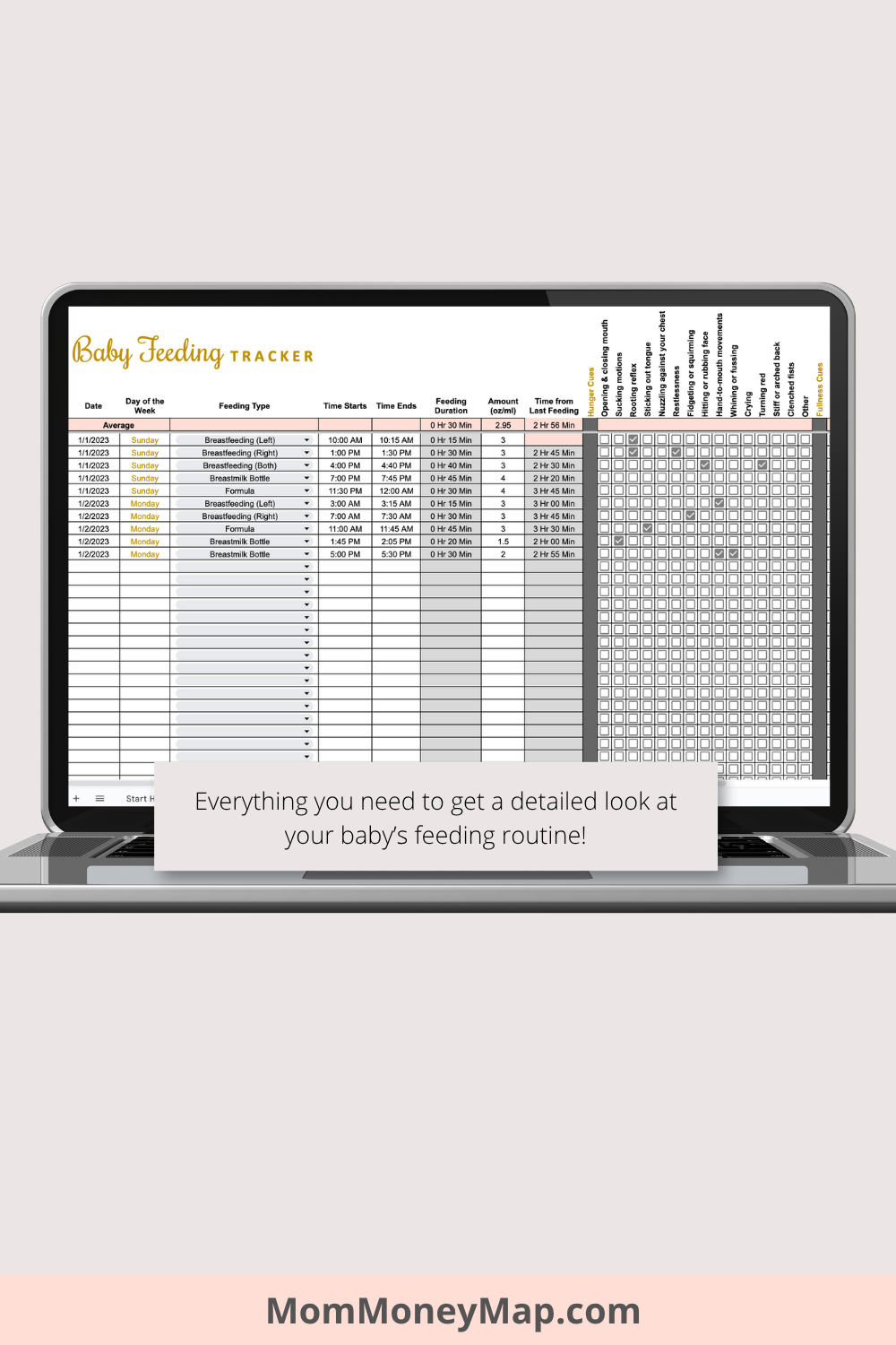 Baby Feeding Tracker with Summaries Google Sheets Spreadsheet