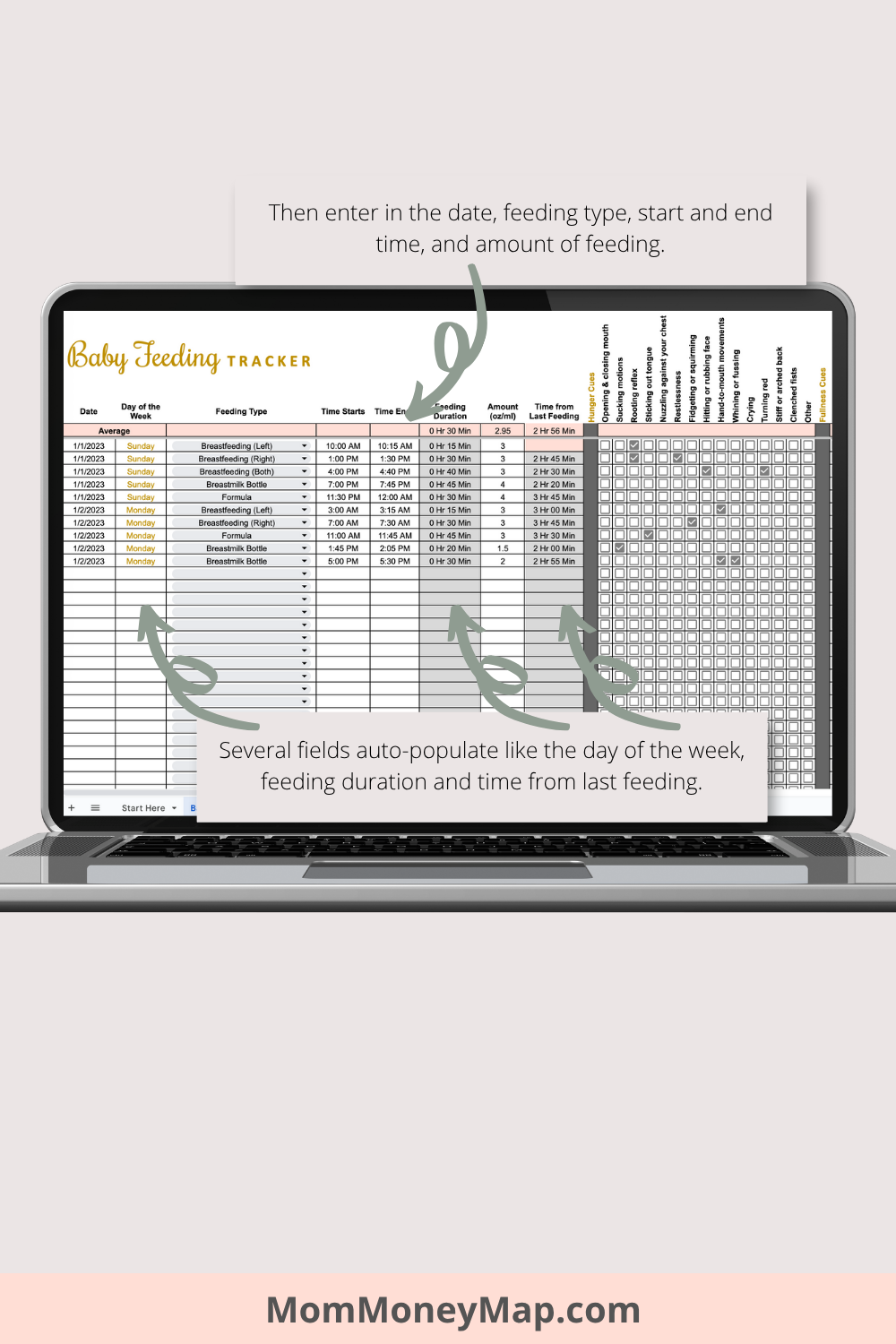 Baby Feeding Tracker with Summaries Google Sheets Spreadsheet