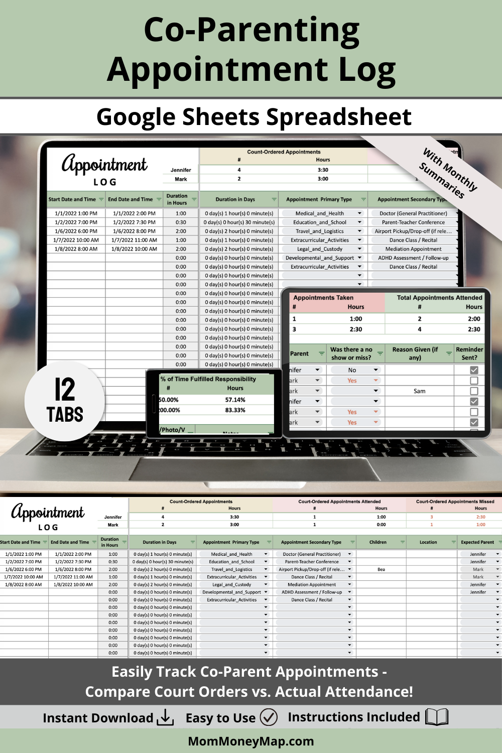Appointment Log with Monthly Summaries Google Sheets Spreadsheet