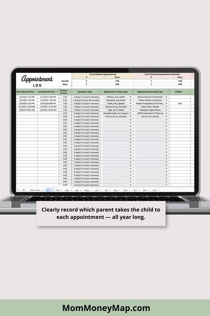 Appointment Log with Monthly Summaries Google Sheets Spreadsheet