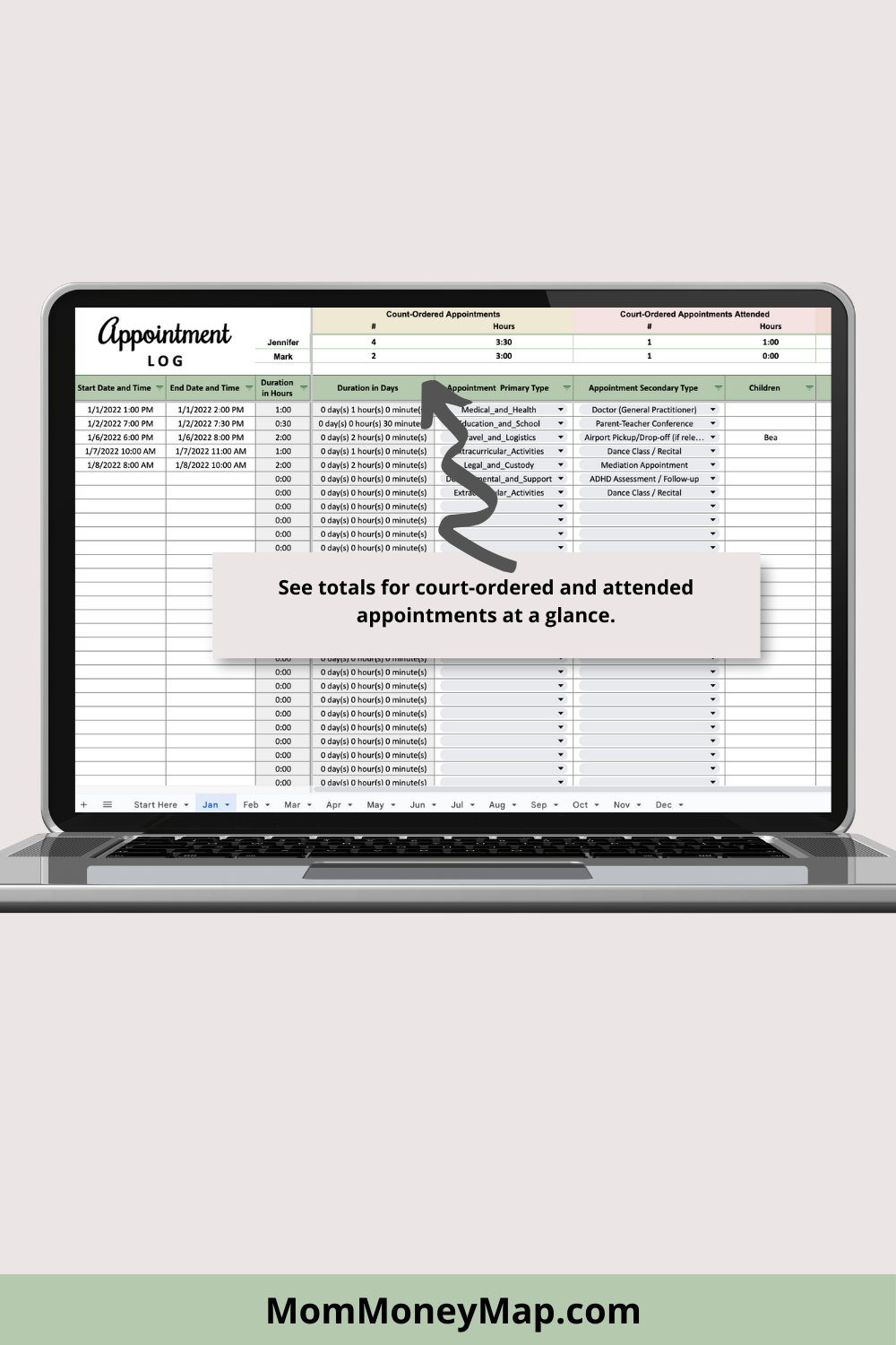 Appointment Log with Monthly Summaries Google Sheets Spreadsheet