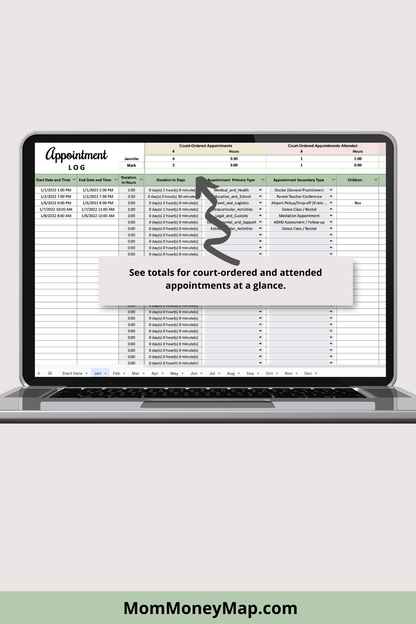 Appointment Log with Monthly Summaries Google Sheets Spreadsheet