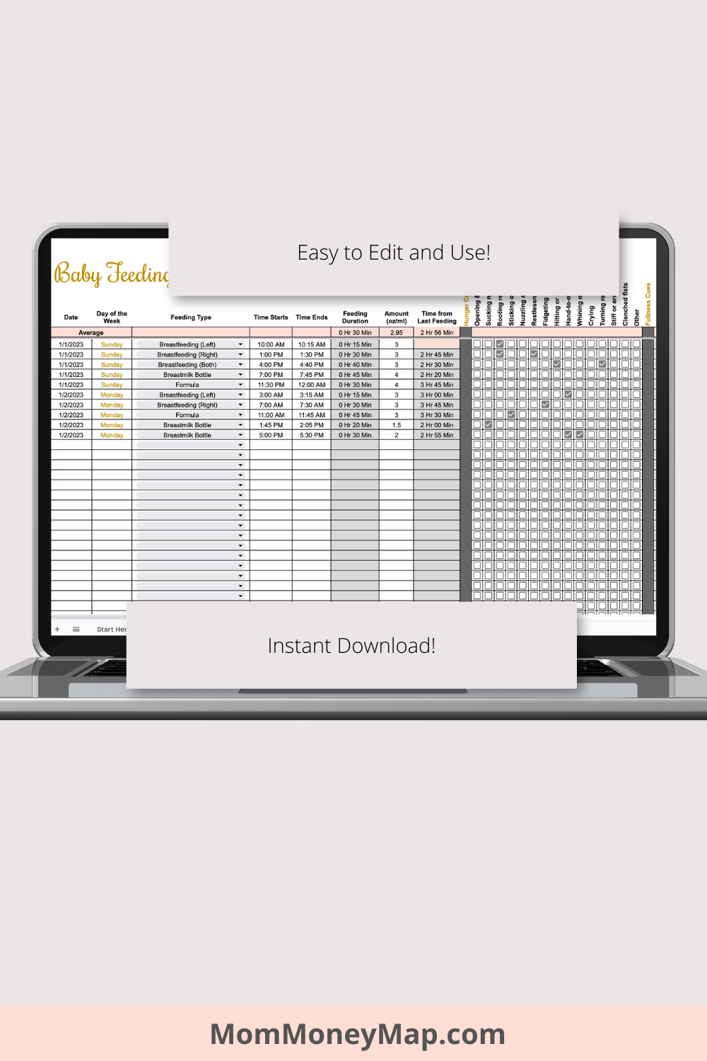 Baby Feeding Tracker with Summaries Google Sheets Spreadsheet