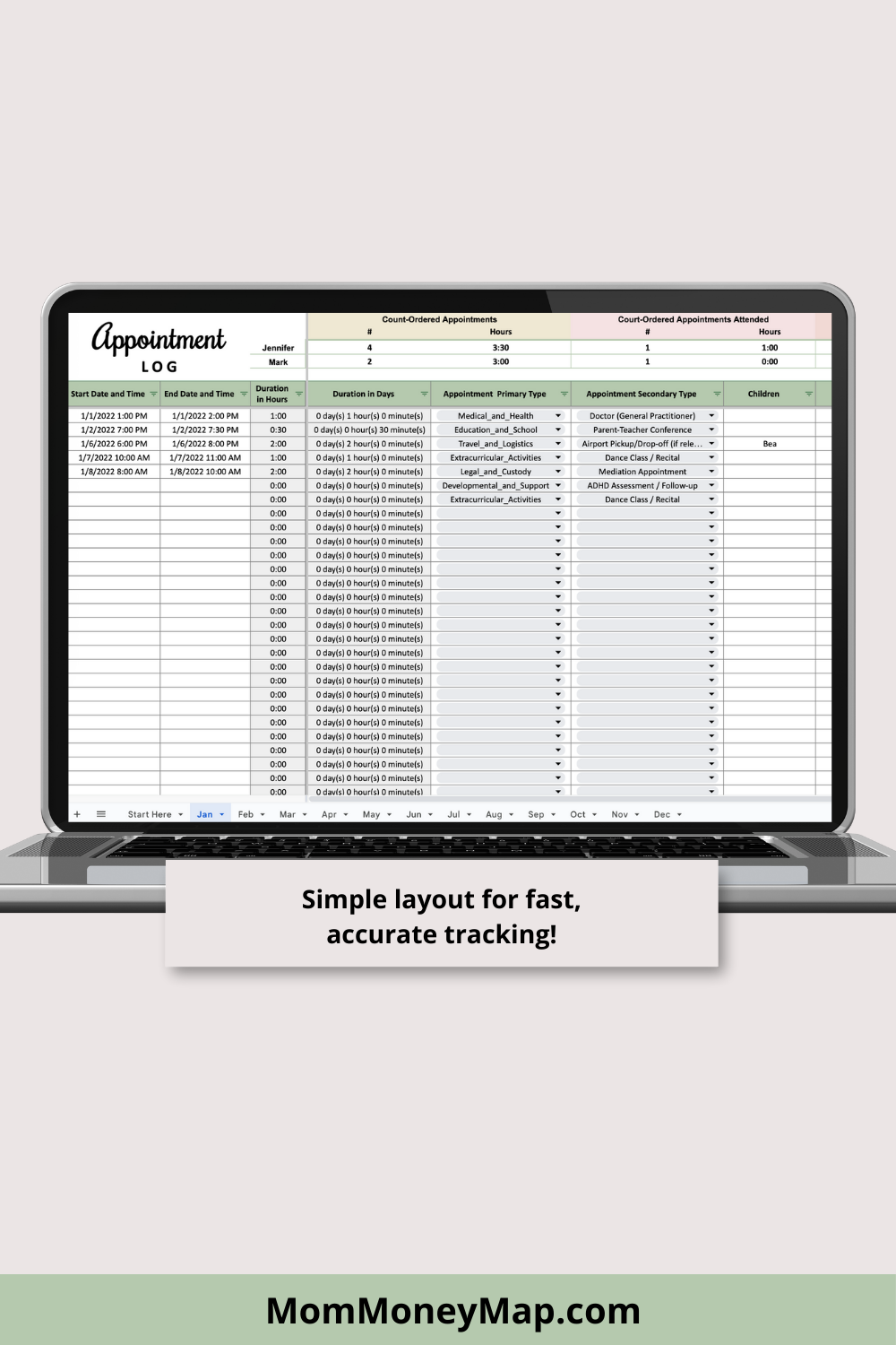 Appointment Log with Monthly Summaries Google Sheets Spreadsheet