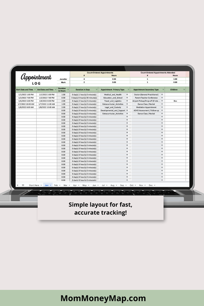 Appointment Log with Monthly Summaries Google Sheets Spreadsheet