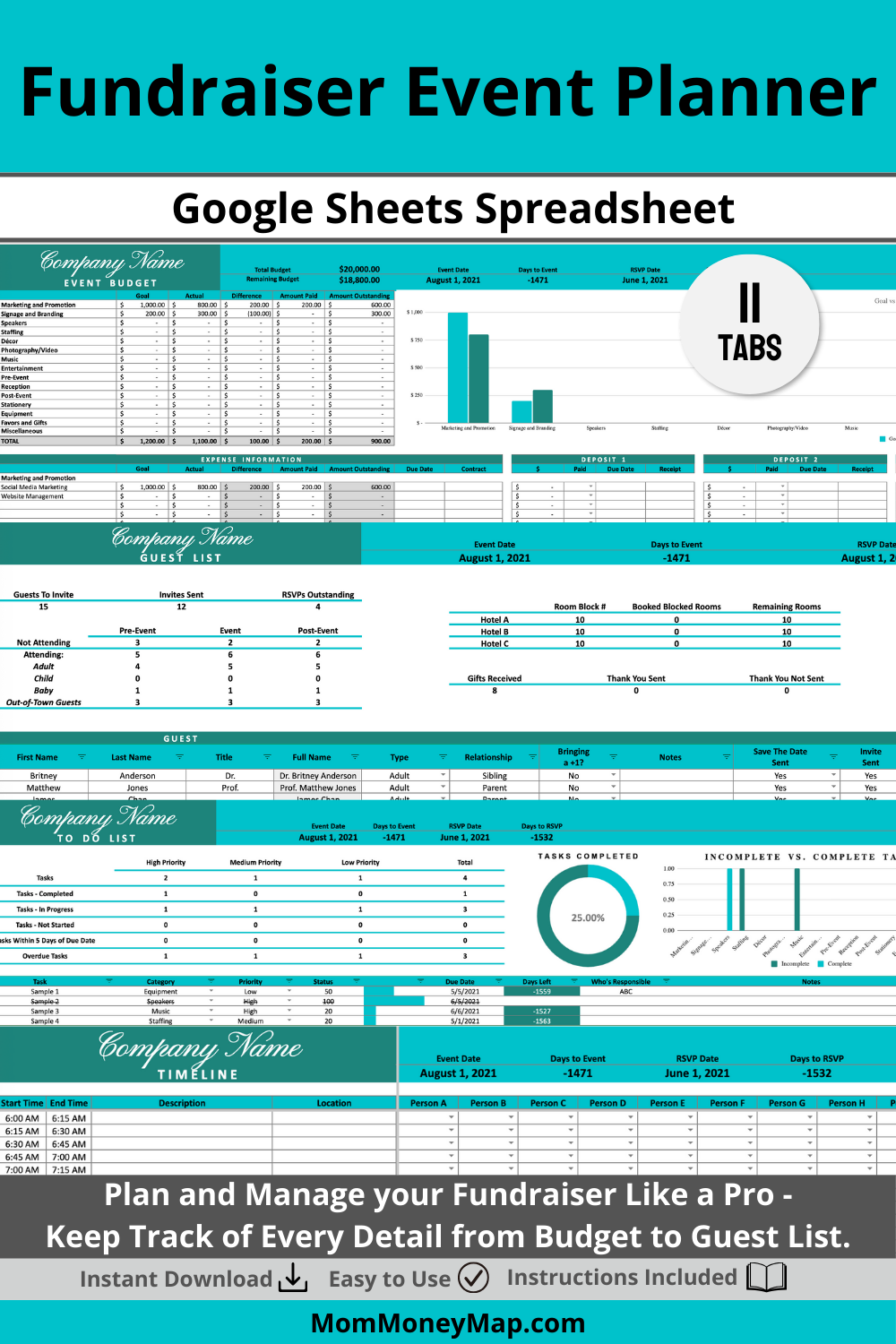 Blue and Green Gala Fundraiser Google Sheets Spreadsheet